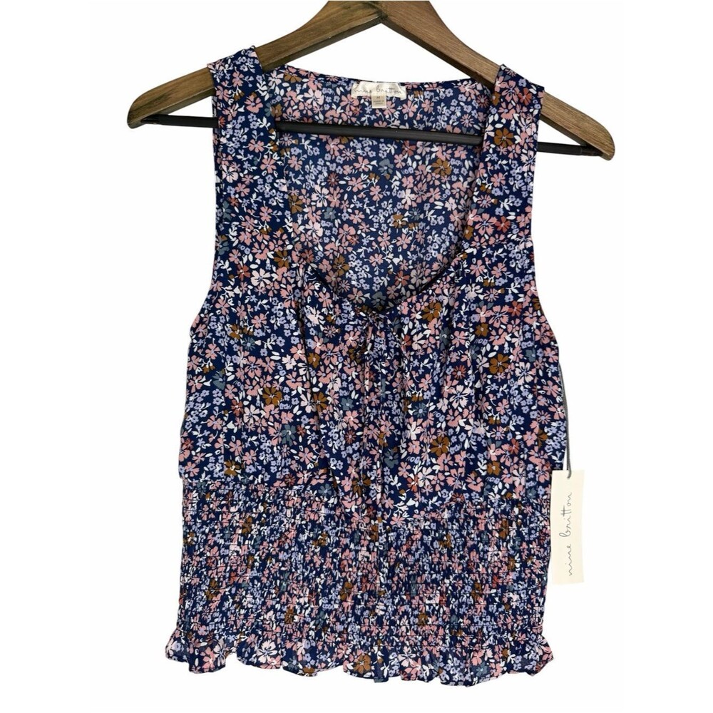 NWT Stitch Fix Nine Britton Floral Tank size Medium Navy Tie-Front Smocked Waist
